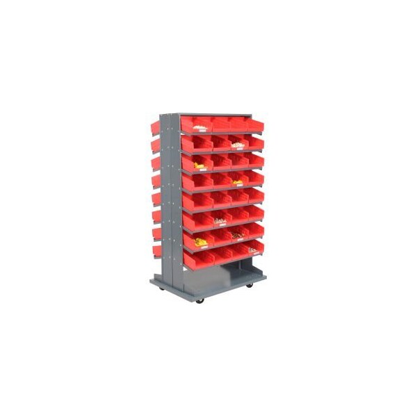 Global Equipment 16 Shelf DoubleSided Mobile Pick Rack 64 Red Plastic Shelf Bins 8" Wide